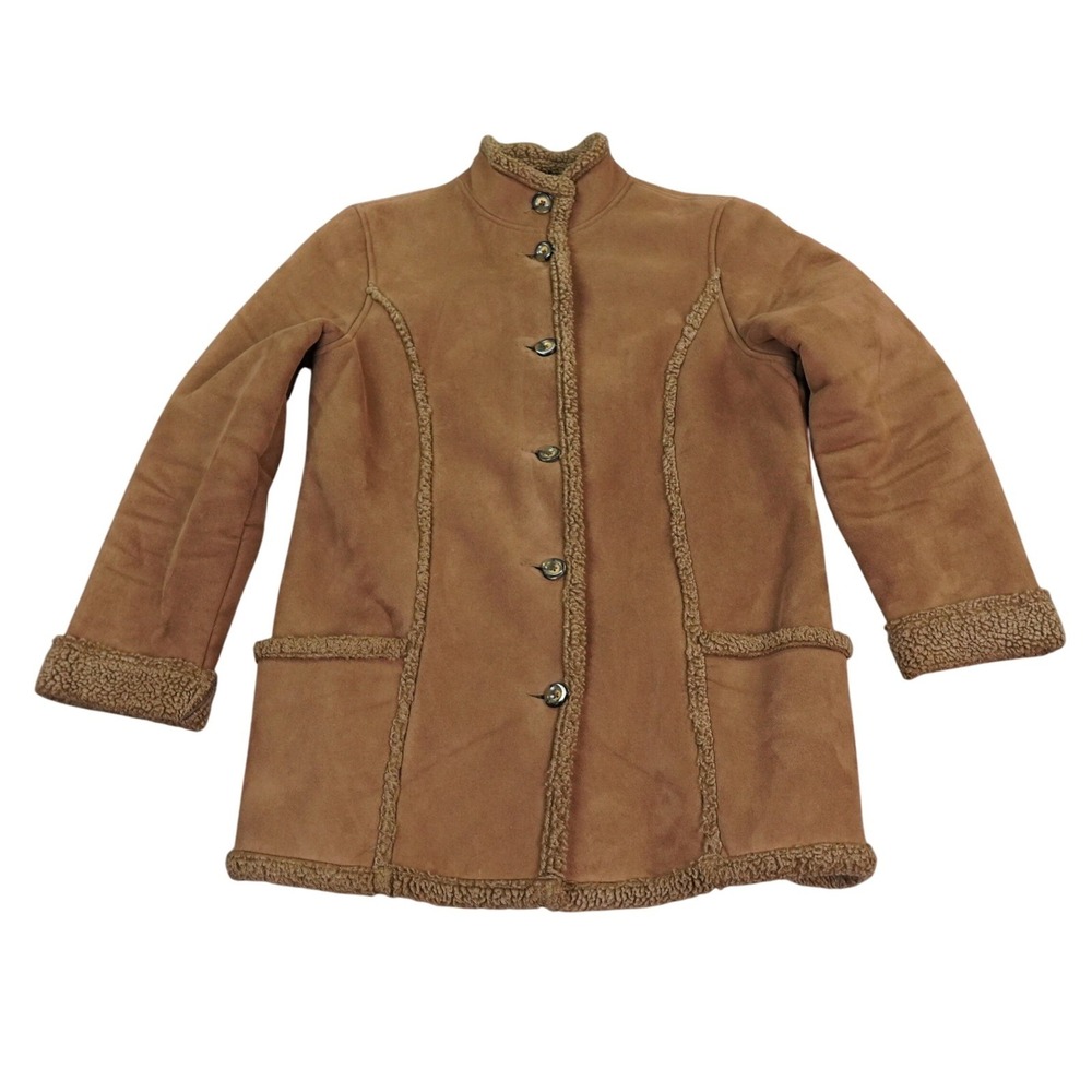 LL Bean Womens M Regular Coat Sherpa Trim Faux Suede Button Front‎